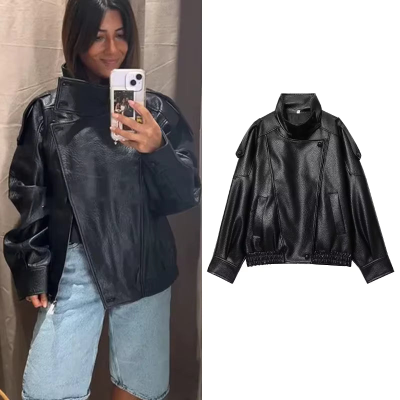 Talia Women's Jacket | Faux Leather, Oversized, Long Sleeve 0