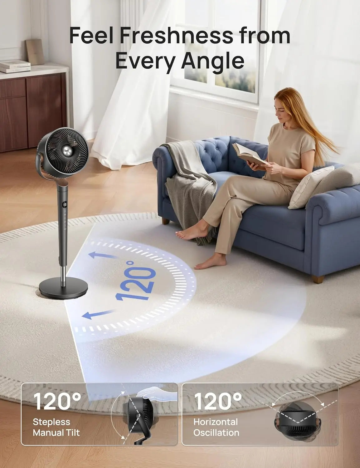 Versatile Oscillating Standing Fan with 9 Speeds & 120° Coverage | Ultra-Quiet DC Motor for Comfortable Airflow 4