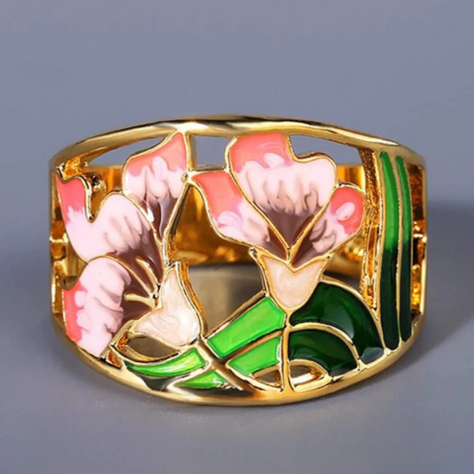 Vintage Floral Gold Enamel Ring 0