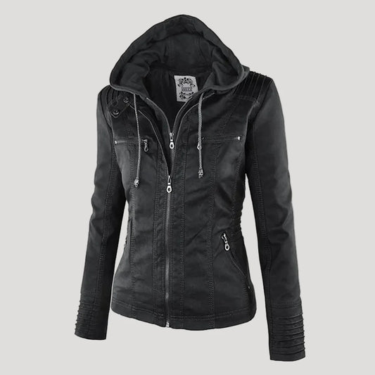 Weatherproof women's faux leather jacket with hood 0