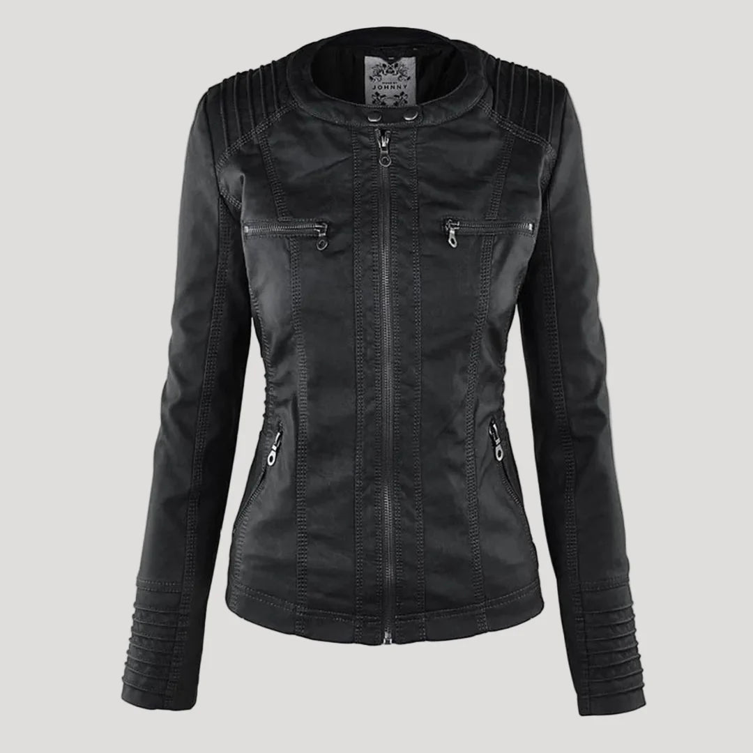 Weatherproof women's faux leather jacket with hood 1