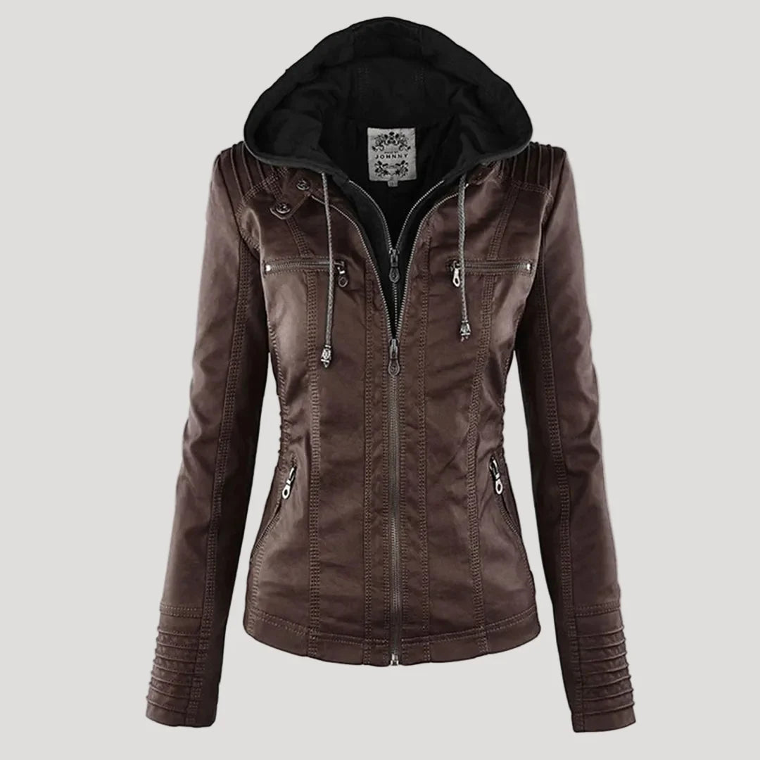 Weatherproof women's faux leather jacket with hood 10