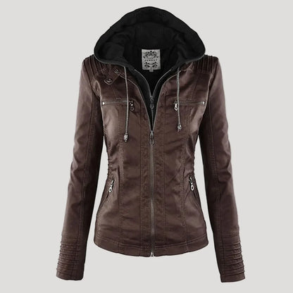 Weatherproof women's faux leather jacket with hood 10