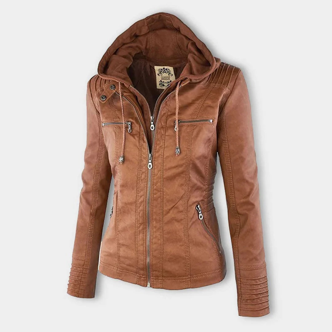 Weatherproof women's faux leather jacket with hood 6