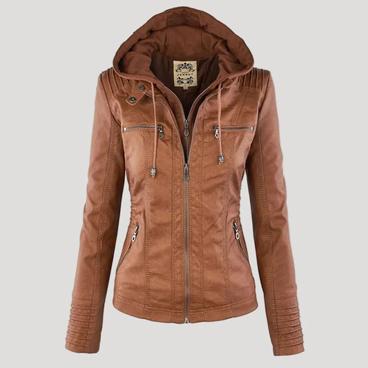 Weatherproof women's faux leather jacket with hood 9