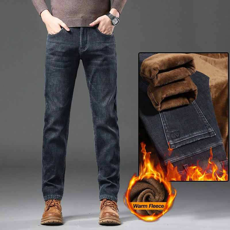 Winter Essentials | Men's Fleece-Lined Slim Jeans with Elastic Waist | Thick Thermal Denim for Ultimate Warmth 0
