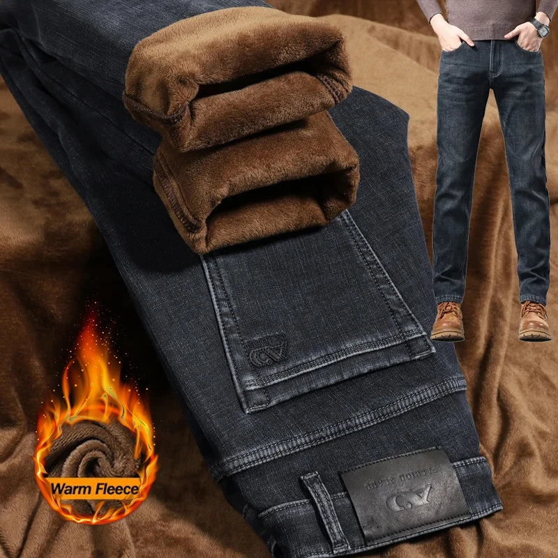 Winter Essentials | Men's Fleece-Lined Slim Jeans with Elastic Waist | Thick Thermal Denim for Ultimate Warmth 1