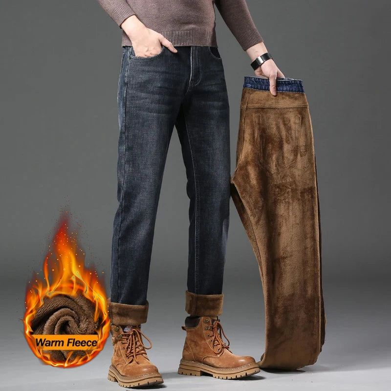 Winter Essentials | Men's Fleece-Lined Slim Jeans with Elastic Waist | Thick Thermal Denim for Ultimate Warmth 2
