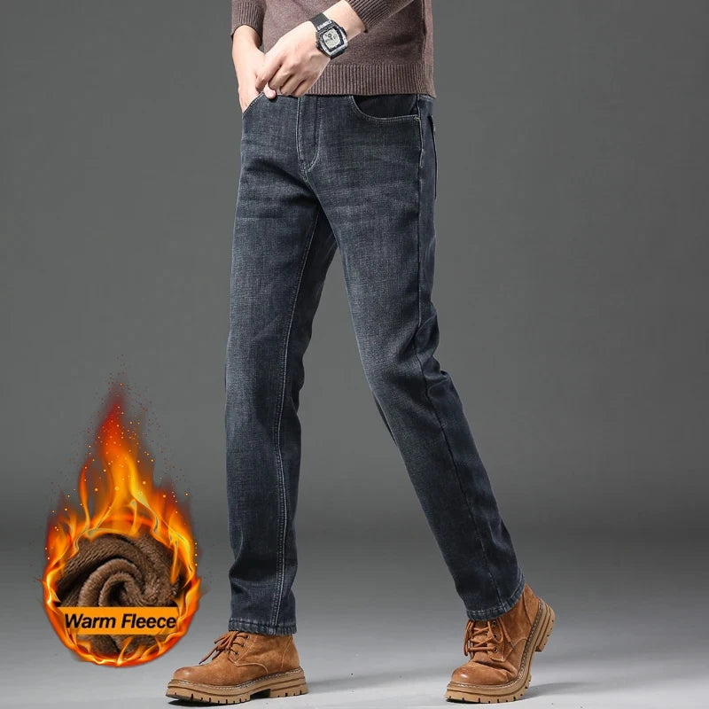 Winter Essentials | Men's Fleece-Lined Slim Jeans with Elastic Waist | Thick Thermal Denim for Ultimate Warmth 3