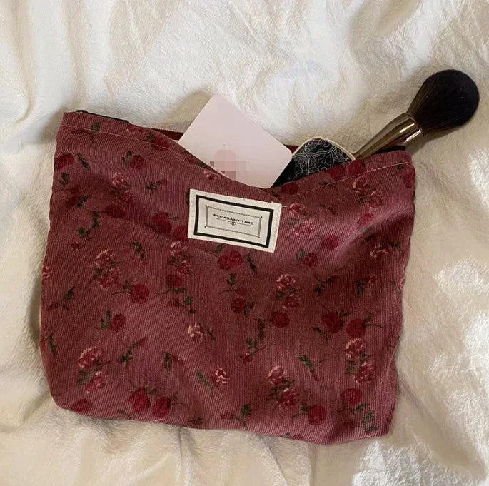 Women Floral Beauty Cosmetic Bag Makeup Case Organizer Korean Embroidery Corduroy Travel Large Wash Toiletry Storage Bag Pouch 10
