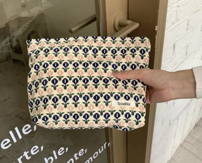 Women Floral Beauty Cosmetic Bag Makeup Case Organizer Korean Embroidery Corduroy Travel Large Wash Toiletry Storage Bag Pouch 12