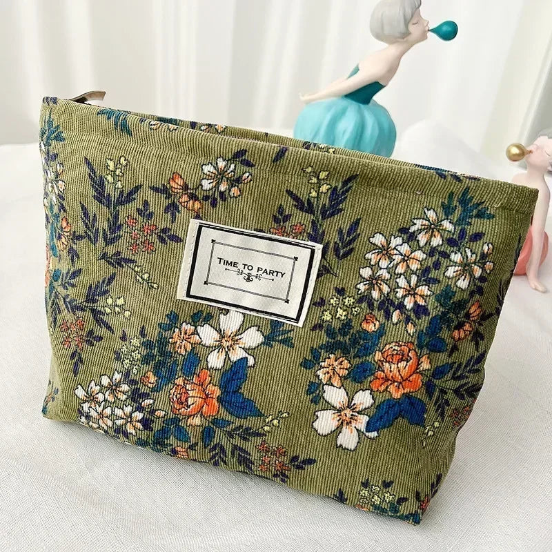 Women Floral Beauty Cosmetic Bag Makeup Case Organizer Korean Embroidery Corduroy Travel Large Wash Toiletry Storage Bag Pouch 14
