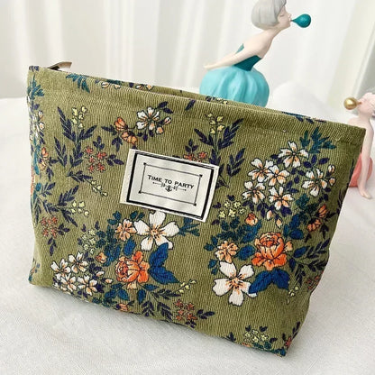 Women Floral Beauty Cosmetic Bag Makeup Case Organizer Korean Embroidery Corduroy Travel Large Wash Toiletry Storage Bag Pouch 14