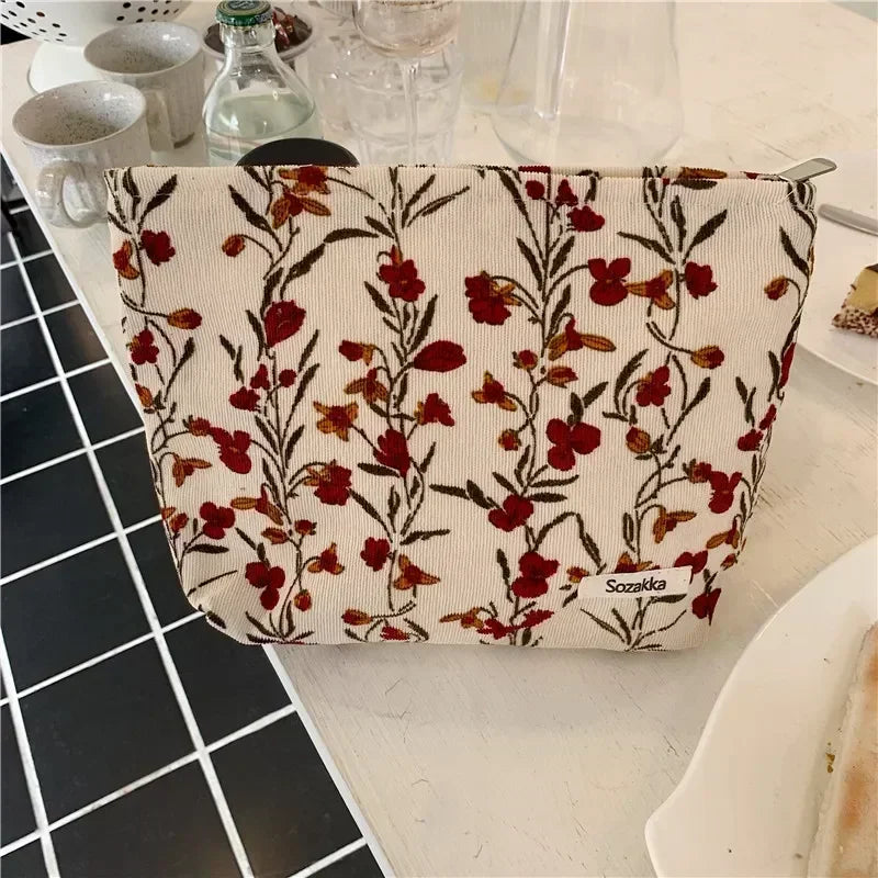 Women Floral Beauty Cosmetic Bag Makeup Case Organizer Korean Embroidery Corduroy Travel Large Wash Toiletry Storage Bag Pouch 16