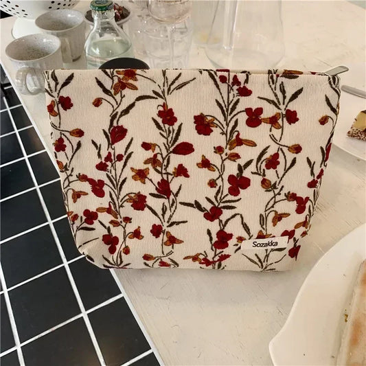 Women Floral Beauty Cosmetic Bag Makeup Case Organizer Korean Embroidery Corduroy Travel Large Wash Toiletry Storage Bag Pouch 16