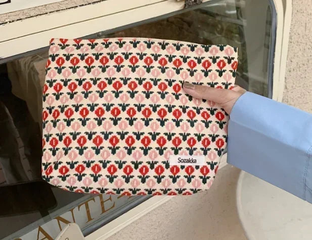 Women Floral Beauty Cosmetic Bag Makeup Case Organizer Korean Embroidery Corduroy Travel Large Wash Toiletry Storage Bag Pouch 18