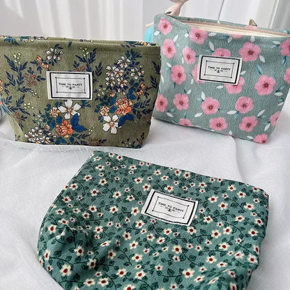 Women Floral Beauty Cosmetic Bag Makeup Case Organizer Korean Embroidery Corduroy Travel Large Wash Toiletry Storage Bag Pouch 5