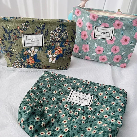 Women Floral Beauty Cosmetic Bag Makeup Case Organizer Korean Embroidery Corduroy Travel Large Wash Toiletry Storage Bag Pouch 5