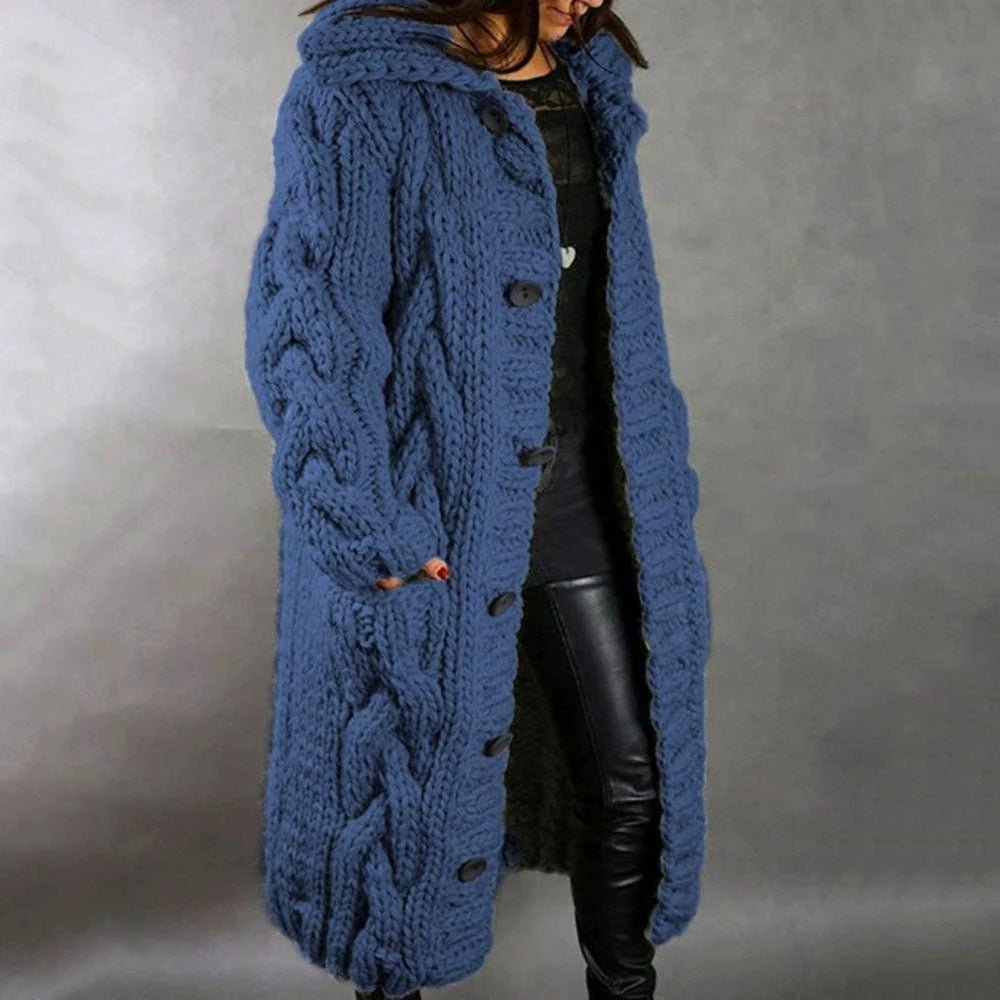 Women's Knit Hooded Cardigan - Long Cable Knit Sweater Coat
