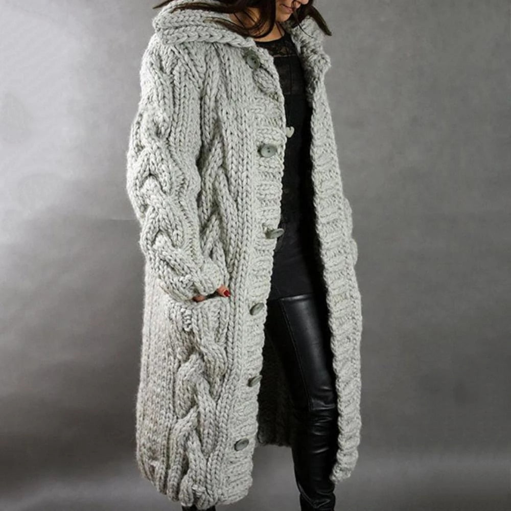 Women's Knit Hooded Cardigan - Long Cable Knit Sweater Coat