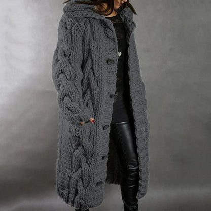 Women's Knit Hooded Cardigan - Long Cable Knit Sweater Coat