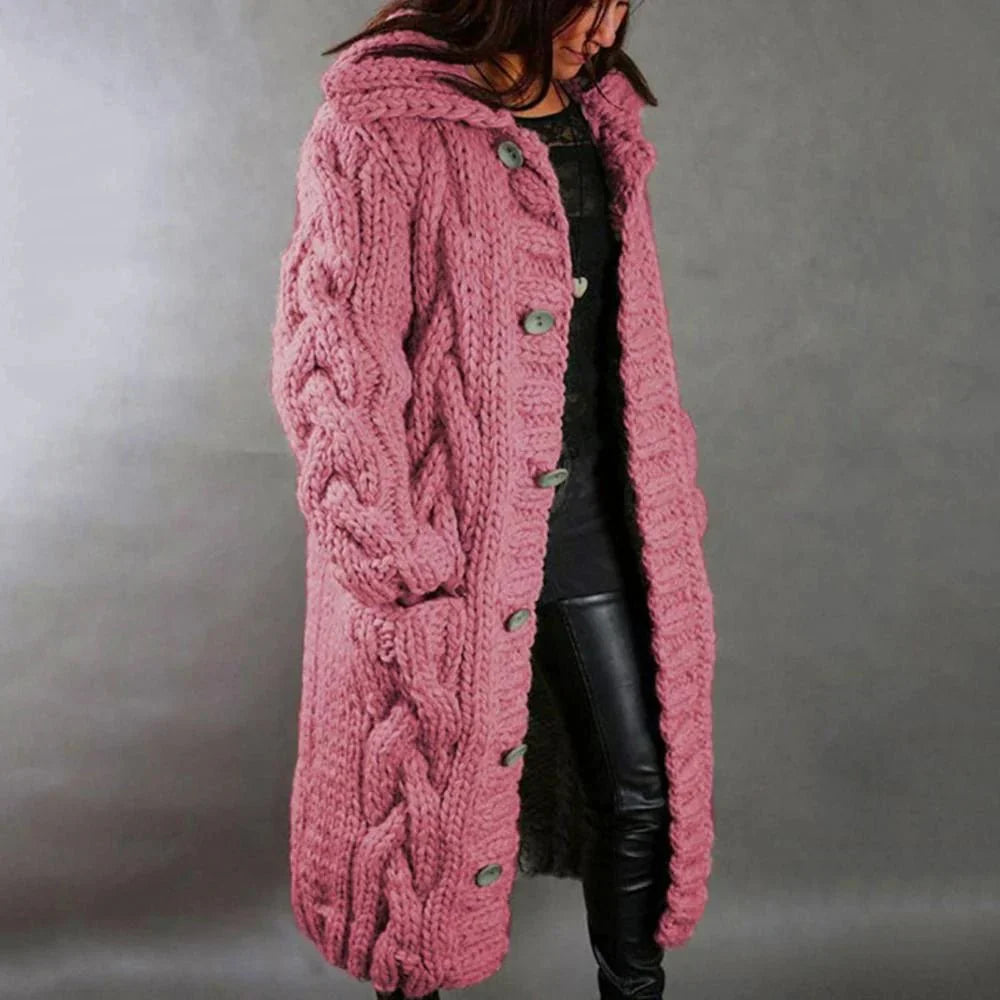 Women's Knit Hooded Cardigan - Long Cable Knit Sweater Coat