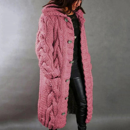 Women's Knit Hooded Cardigan - Long Cable Knit Sweater Coat