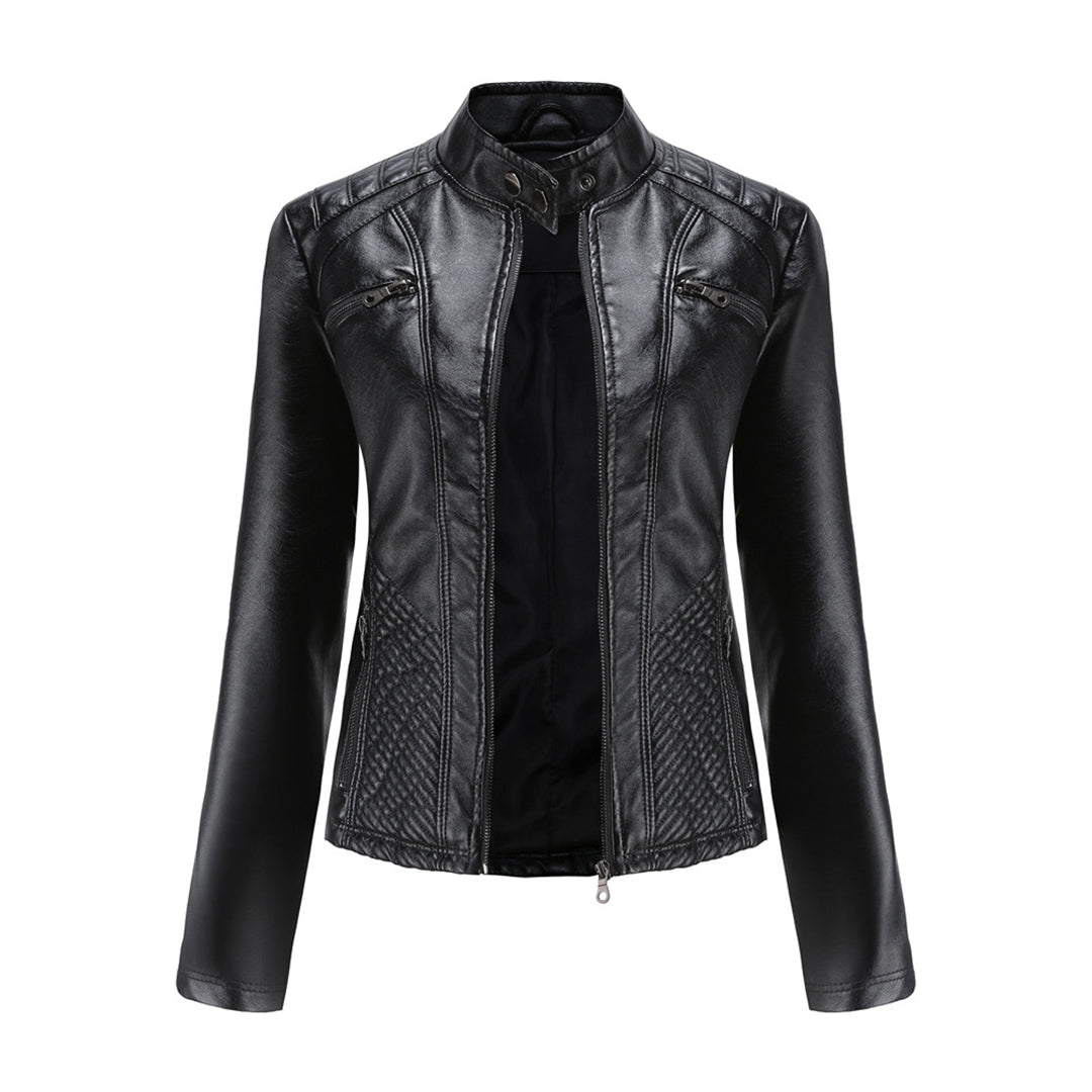 Women's Biker Leather Jacket - Ribbed Moto Style Coat with Stand Collar