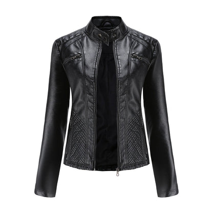 Women's Biker Style Leather Jacket with Ribbed Details - Edgy, Sleek & Chic