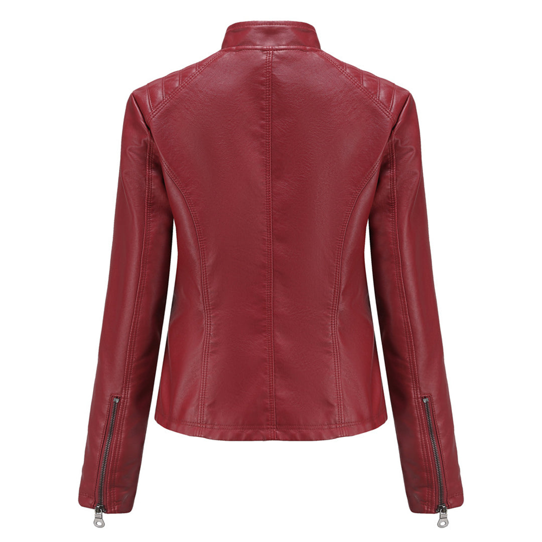 Women's Biker Leather Jacket - Ribbed Moto Style Coat with Stand Collar