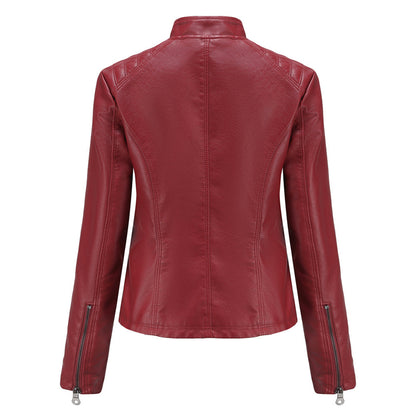 Women's Biker Style Leather Jacket with Ribbed Details - Edgy, Sleek & Chic