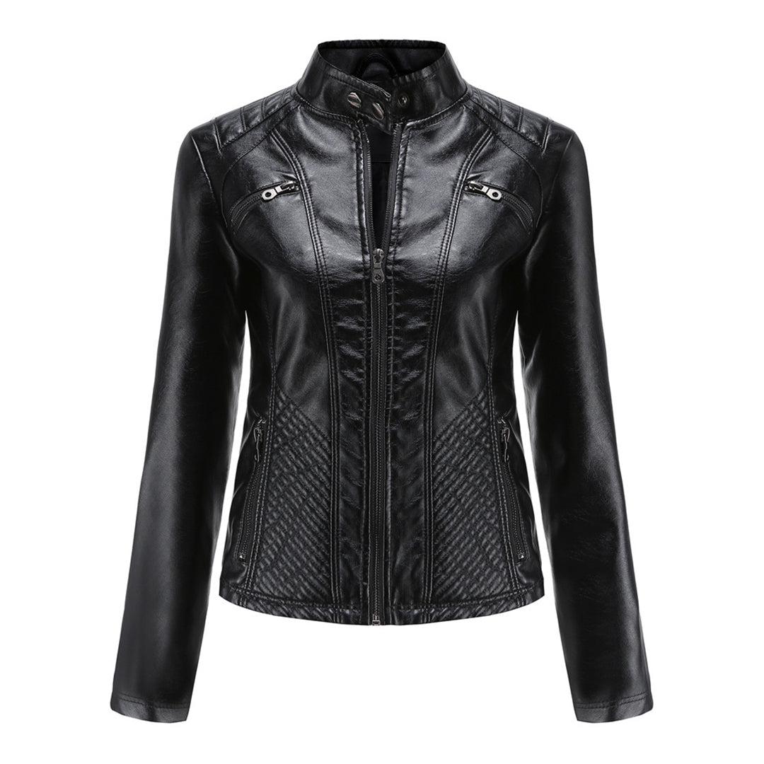 Women's Biker Style Leather Jacket with Ribbed Details - Edgy, Sleek & Chic