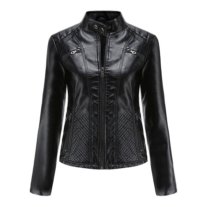 Women's Biker Style Leather Jacket with Ribbed Details - Edgy, Sleek & Chic