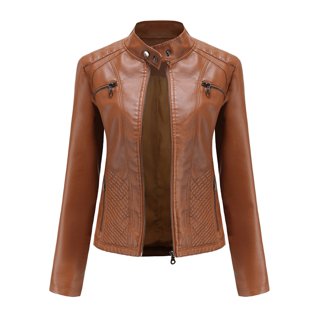 Women's Biker Leather Jacket - Ribbed Moto Style Coat with Stand Collar