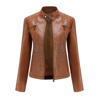 Women's Biker Style Leather Jacket with Ribbed Details - Edgy, Sleek & Chic