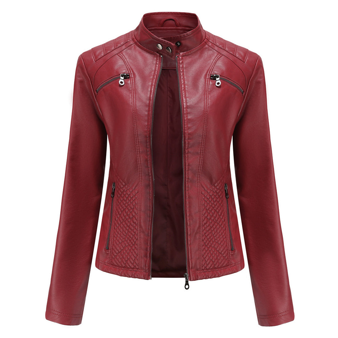 Women's Biker Style Leather Jacket with Ribbed Details - Edgy, Sleek & Chic