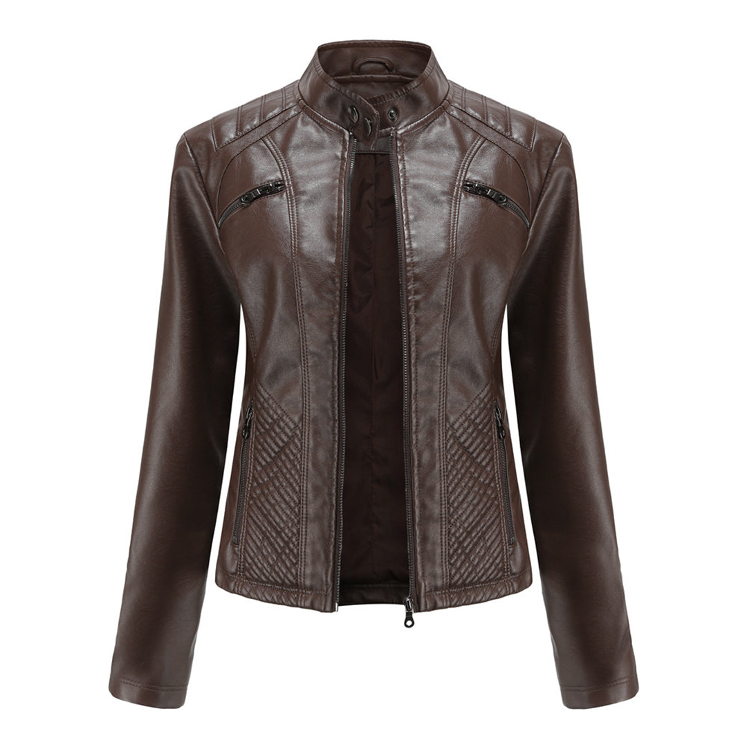 Women's Biker Style Leather Jacket with Ribbed Details - Edgy, Sleek & Chic