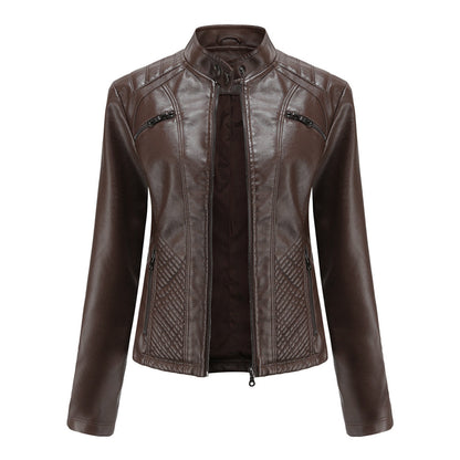 Women's Biker Style Leather Jacket with Ribbed Details - Edgy, Sleek & Chic