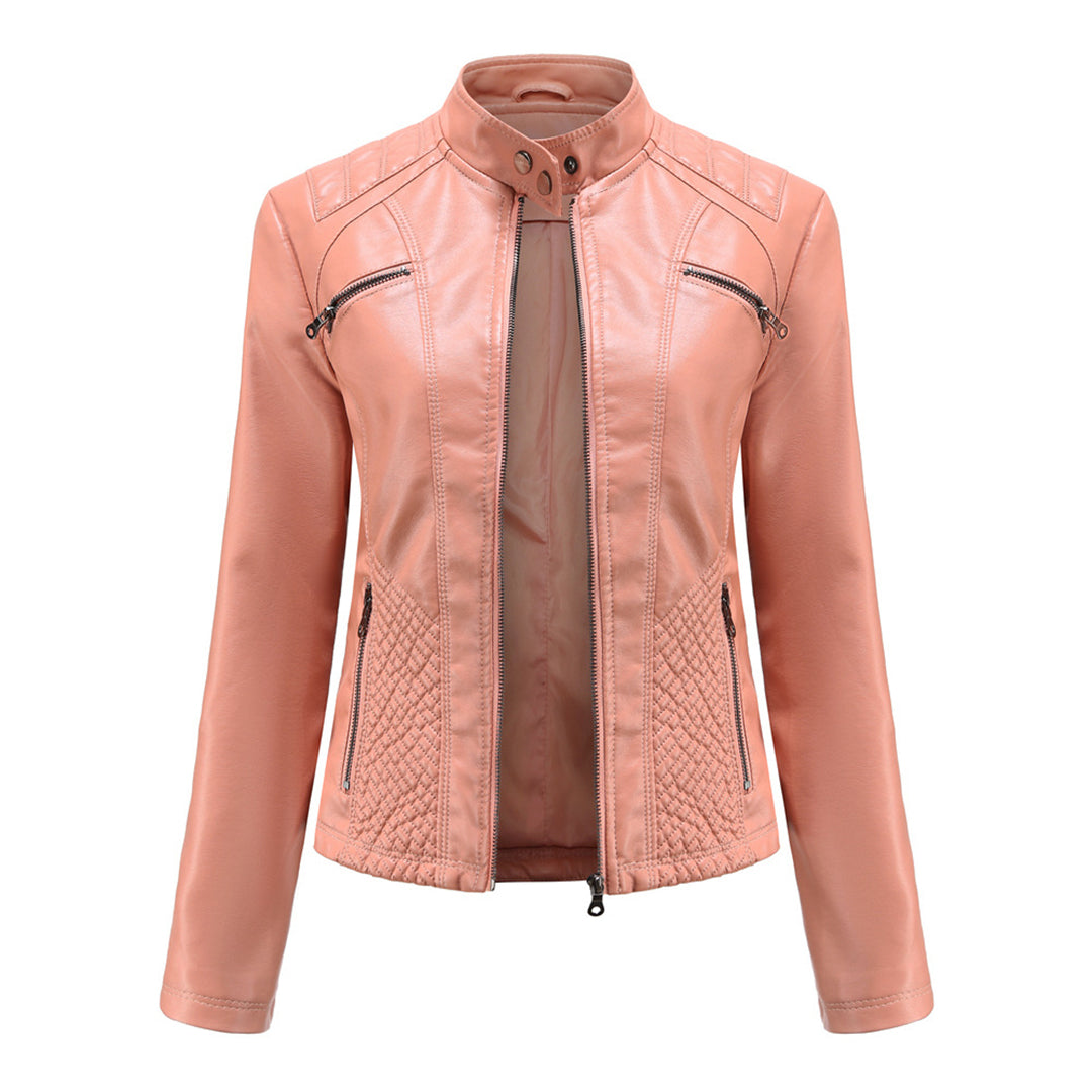 Women's Biker Leather Jacket - Ribbed Moto Style Coat with Stand Collar
