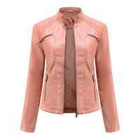 Women's Biker Leather Jacket - Ribbed Moto Style Coat with Stand Collar