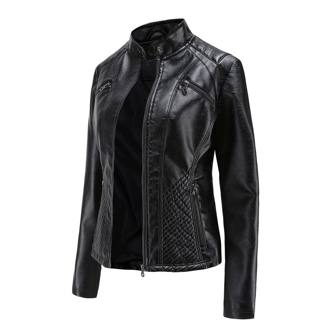 Women's Biker Style Leather Jacket with Ribbed Details - Edgy, Sleek & Chic