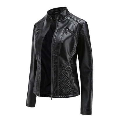 Women's Biker Style Leather Jacket with Ribbed Details - Edgy, Sleek & Chic