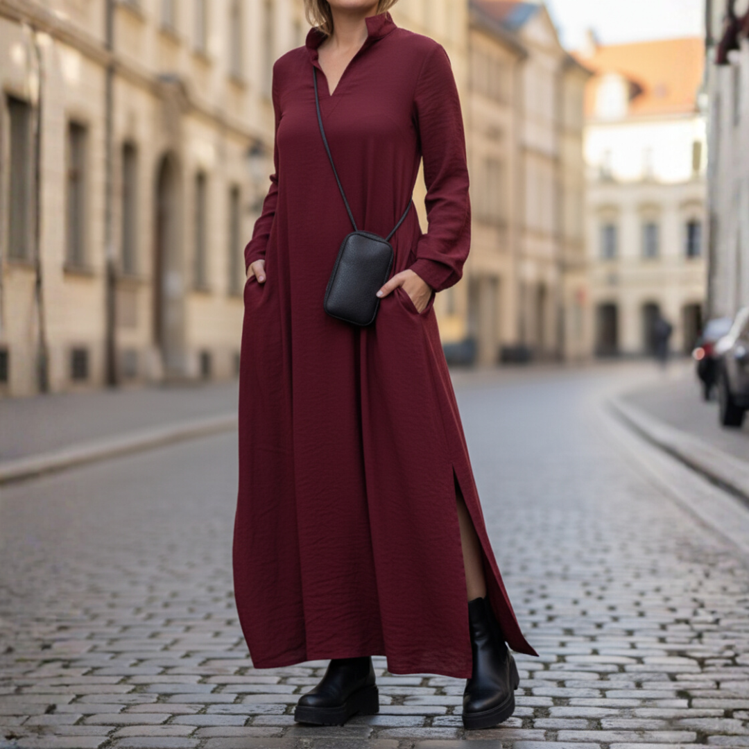 Women's Long Dress with High Neck and Pockets 0