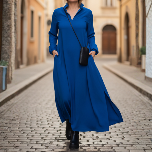 Women's Long Dress with High Neck and Pockets 1