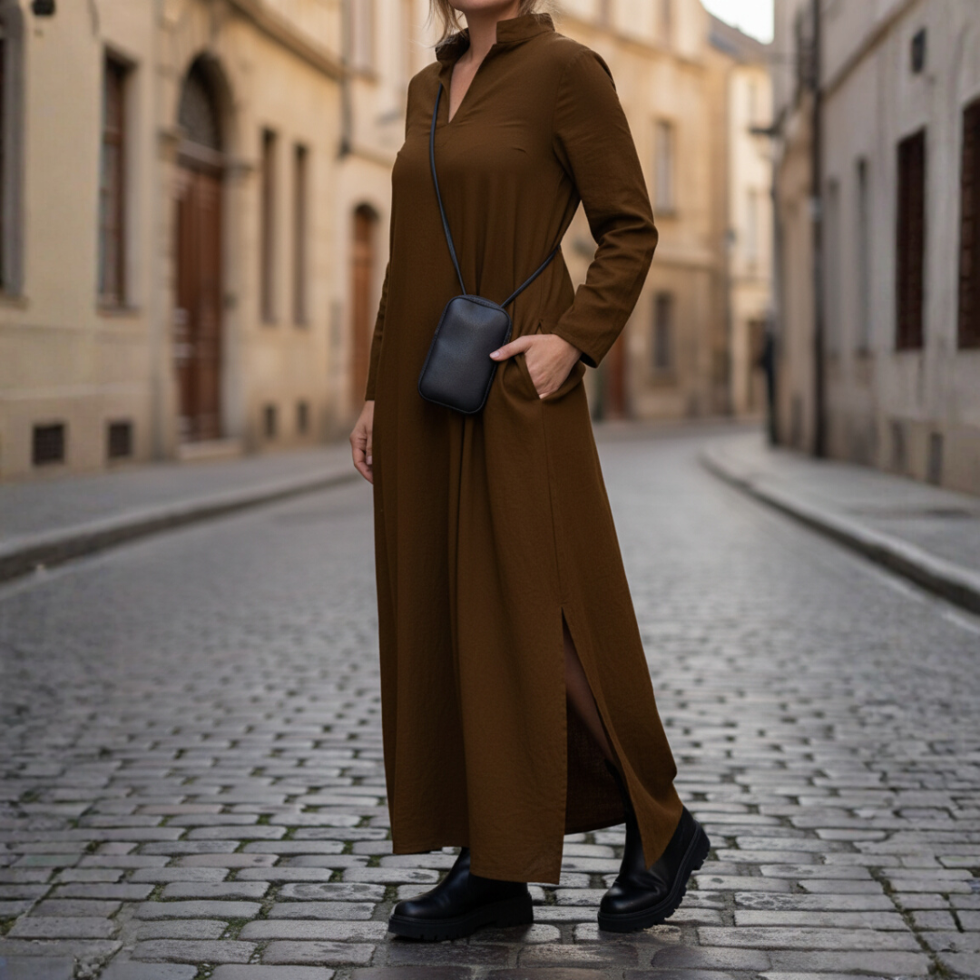 Women's Long Dress with High Neck and Pockets 4