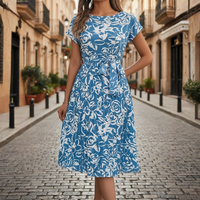 Women's Long Pleated Dress with Floral Print and Belt 0