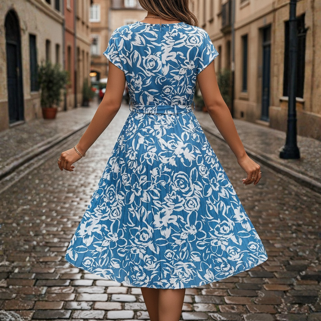 Women's Long Pleated Dress with Floral Print and Belt 1