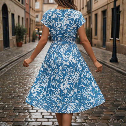 Women's Long Pleated Dress with Floral Print and Belt 1