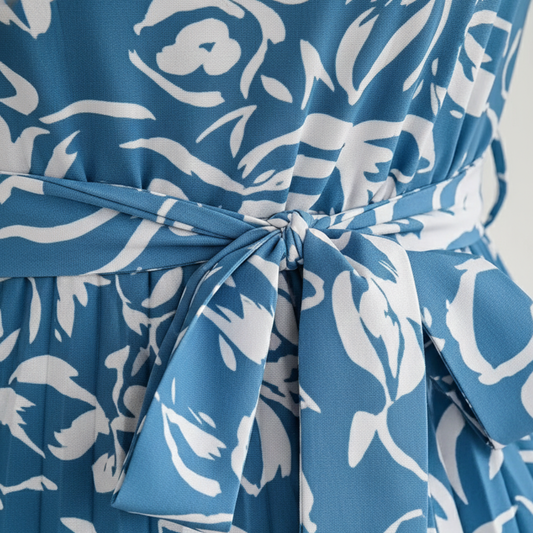 Women's Long Pleated Dress with Floral Print and Belt 2