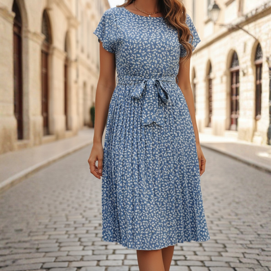 Women's Long Pleated Dress with Floral Print and Belt 6
